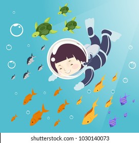 Illustration of a Kid Boy Scuba Diving Underwater with Different Kinds of Fish and Turtles