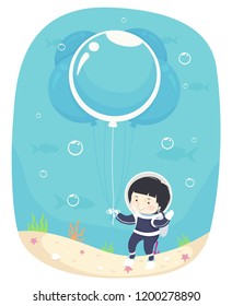 Illustration of a Kid Boy in Scuba Diving Gear Holding a Big Balloon Bubble Underwater