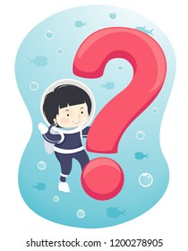 Illustration of a Kid Boy in Scuba Diving Suit Holding a Question Mark