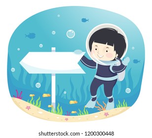 Illustration of a Kid Boy in Scuba Diving Gear Holding an Arrow Board Pointing to His Right