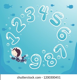 Illustration of a Kid Boy in Scuba Diving Suit Swimming Among Numbers Bubbles Underwater