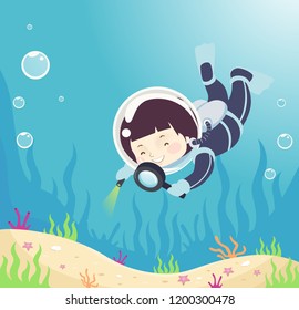 Illustration of a Kid Boy in Scuba Diving Suit Using a Magnifying Glass to Observe Underwater