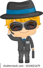 Illustration Of A Kid Boy Secret Agent Wearing Black Suit, Sunglasses, Earphone And A Hat