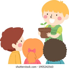 Illustration of a Kid Boy Sharing a Potted Plant Seedling to Other Kids