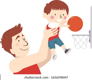 Illustration of a Kid Boy Shooting the Ball into Basketball Ring While His Father Lifting Him