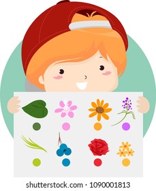 Illustration of a Kid Boy Showing Different Items from His Nature Color Hunt
