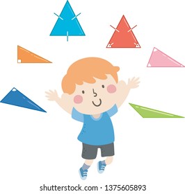 Illustration of a Kid Boy Showing Different Types of Triangles with Angles and Congruent Sides