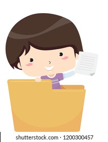 Illustration of a Kid Boy Showing a Document from Inside an Open Folder