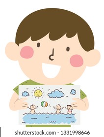 Illustration of a Kid Boy Showing His Doodles About His Summer Vacation, Playing with Other Kids with Ball at the  Beach