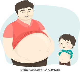 Illustration Of A Kid Boy Showing His Big Tummy Following His Father Doing The Same