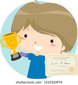 Illustration of a Kid Boy Showing His Trophy and Certificate for Winning in a Contest