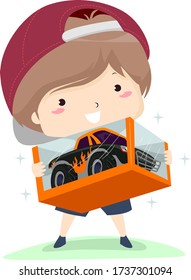 Illustration of a Kid Boy Showing His New Car Toy Still in the Packaging