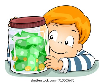 Illustration Of A Kid Boy Showing His Money Jar Full Of Money