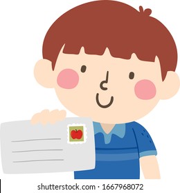 Illustration of a Kid Boy Showing a Letter in an Envelope with Postage Stamp and Space for Name and Address