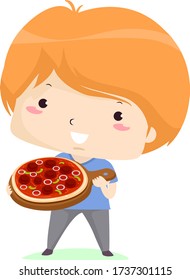 Illustration of a Kid Boy Showing a Whole Pizza on Cutting Board