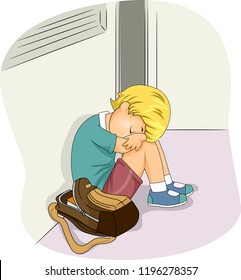 Illustration of a Kid Boy Sitting in the Corridor Floor Crying with Opened Backpack Beside Him