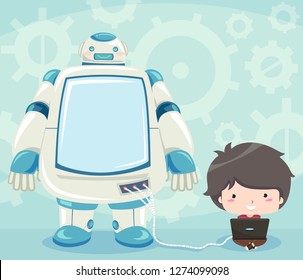 Ilustración de un niño sentado con una laptop con un robot conectado