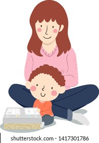 Illustration of a Kid Boy Sitting Down with His Mother Playing with Light Switches and Light Bulb
