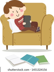 Illustration of a Kid Boy Sitting Down and Surfing the Net Using a Computer Tablet, Procrastinating with Open Books on the Floor