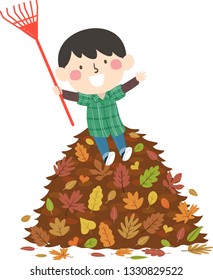 Illustration of a Kid Boy Sitting on Top of a Pile of Autumn Leaves While Holding a Rake