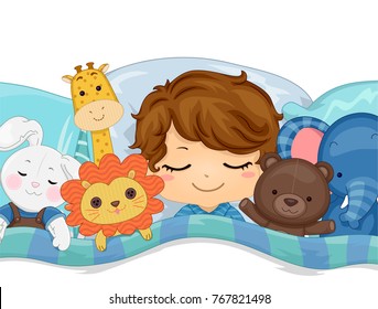 Illustration of a Kid Boy Sleeping Among Animal Stuffed Toys in His Bed