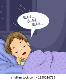 Illustration of a Kid Boy Sleeping in Bed and Talking in His Sleep