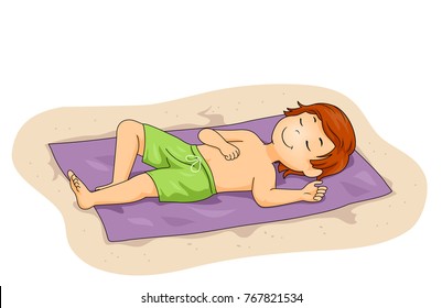 Illustration of a Kid Boy Sleeping on a Mat Sunbathing at the Beach