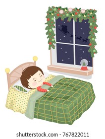 Illustration of a Kid Boy Sleeping On His Bed In Christmas Eve with Santa Claus and Reindeer Silhouette Outside the Window