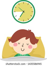 Illustration of a Kid Boy Sleeping for Ten Hours with Clock Before Seven