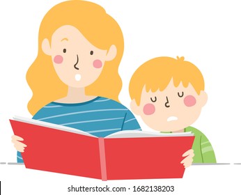 Illustration of a Kid Boy Sleeping While Sitting Down and Listening to His Mother Read a Book