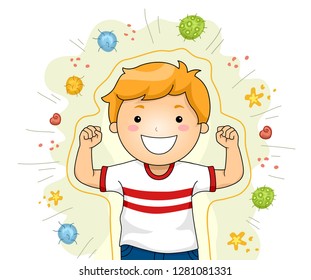 Illustration Of A Kid Boy Smiling And Flexing His Arms Forming A Shield As A Protection Against Viruses And Bacteria