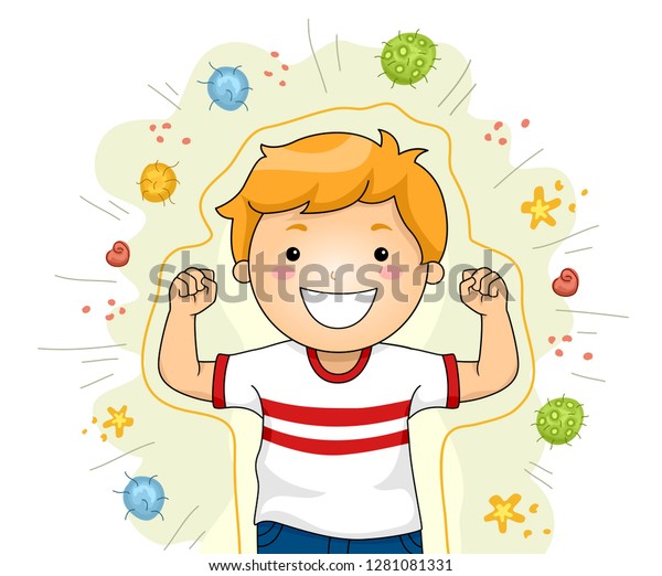 ウィルスやバクテリアに対する防御として盾を形成する少年の腕を微笑み 曲げているイラスト のベクター画像素材 ロイヤリティフリー