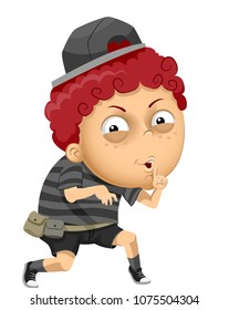 Illustration of a Kid Boy Sneaking Out Holding a Silence Sign