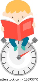 Illustration of a Kid Boy Speed Reading and Sitting on a Timer