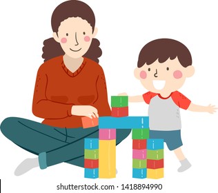 Illustration of a Kid Boy Stacking Building Blocks with His Mother