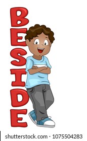 Illustration of a Kid Boy Standing Beside a Beside Word or Lettering