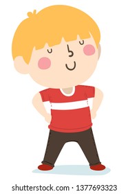 Illustration Of A Kid Boy Standing Proud With Clenched Hands On Waist. Confident Pose