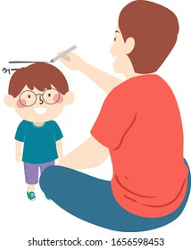Illustration of a Kid Boy Standing Straight and a Man Sitting and Holding a Pen Measuring and Marking his Current Height