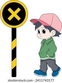 Illustration of a kid boy stopping because of a prohibition rule sign, cartoon flat illustration