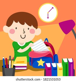 Illustration of a Kid Boy Student Being Independent, Getting Ready for His Class the Next Day, Placing Things Inside His Bag