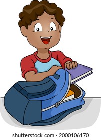 Illustration of a Kid Boy Student Preparing for School, Placing Book Inside Backpack