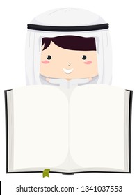 Illustration of a Kid Boy Student In Traditional Arab Thawb and Headdress and Holding an Open Book