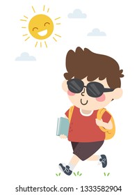 Illustration of a Kid Boy Student Walking to School with Backpack, Book and Wearing Sunglasses