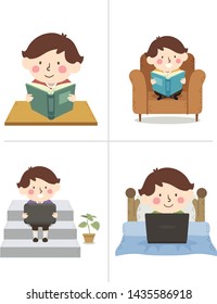 Ilustración de un niño que estudia en diferentes lugares como hackeo de estudio, aprendiendo de libro y portátil
