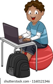 Illustration of a Kid Boy Studying and Using Laptop While Sitting on Exercise Ball