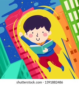 Illustration of a Kid Boy Superhero Flying Up The Buildings While Reading a Book