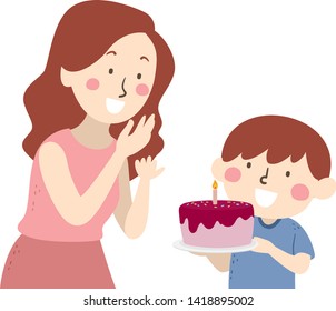 Illustration of a Kid Boy Surprising His Mother with a Birthday Cake with Lighted Candle