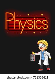 Ilustração de um menino, acendendo as luzes do néon da física