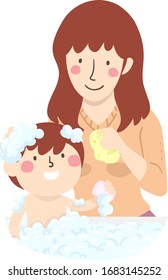 Illustration of a Kid Boy Taking a Bath with His Mother Teaching Him While Holding a Sponge