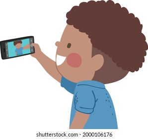 Illustration of a Kid Boy Taking Selfie Using Mobile Phone